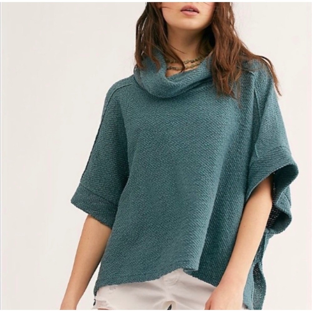 We The Free Womens XS Teal Oversized Cowl Neck Poncho Sweater Textured Knit